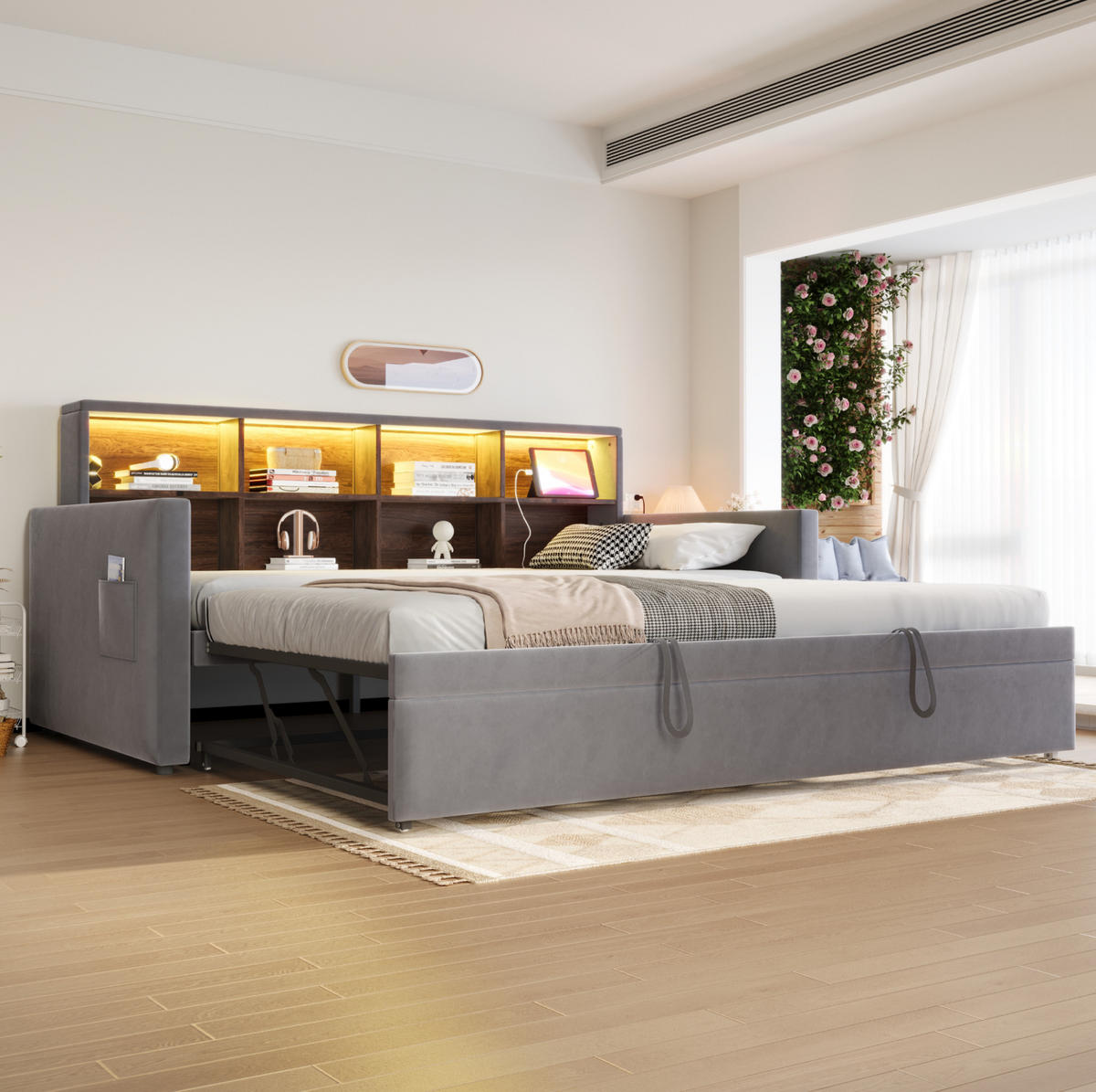 POLSTERBETT 90/190 cm aus Samt mit Ausziehbett, LED-Kopfteil und Steckdosen Dunkelgrau - Dunkelgrau, Textil (90/190cm) - Modenvie