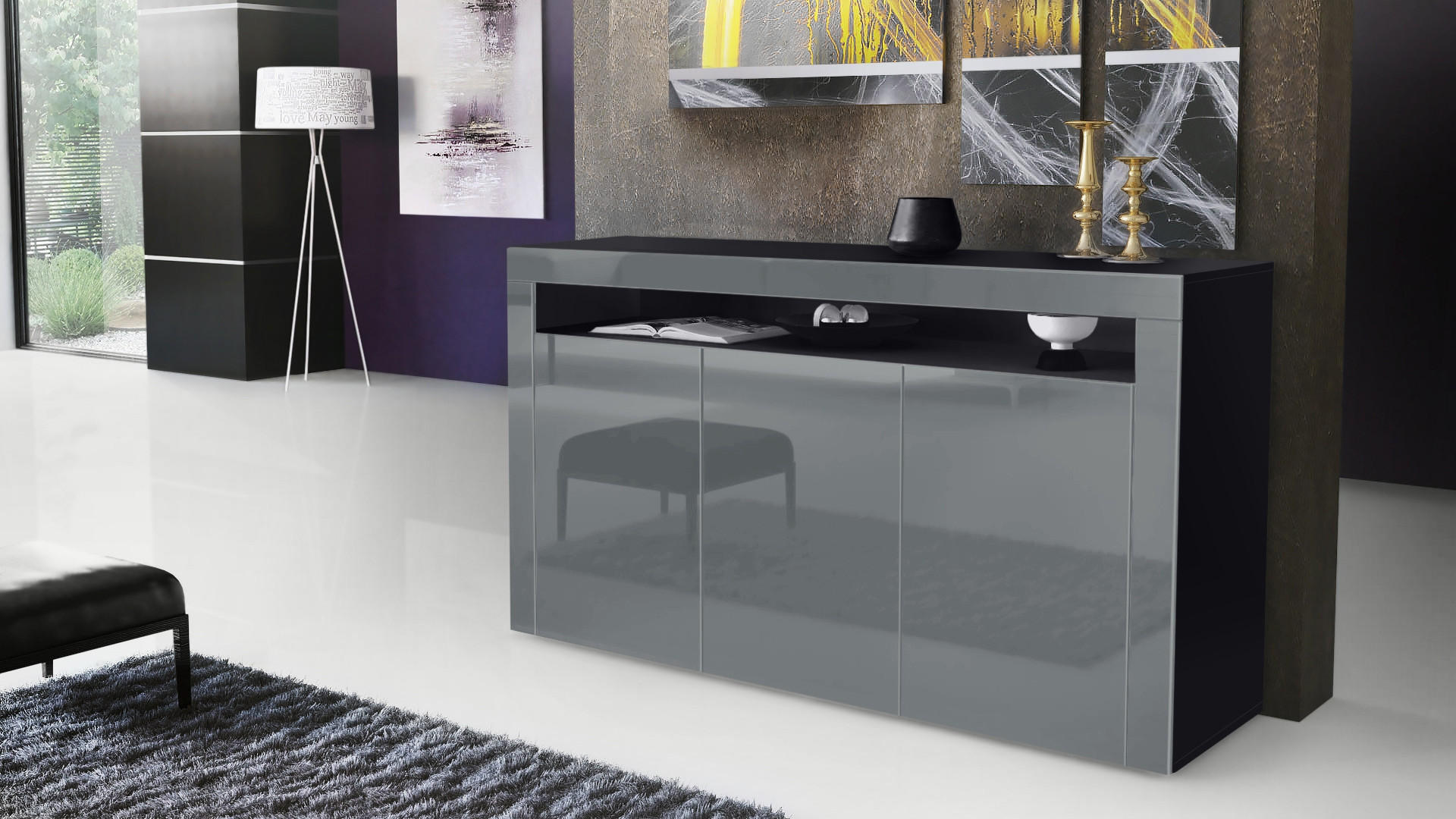 SIDEBOARD Valencia Grau Hochglanz / Grau Hochglanz - Grau, Holzwerkstoff (155/92/40cm) - Vladon