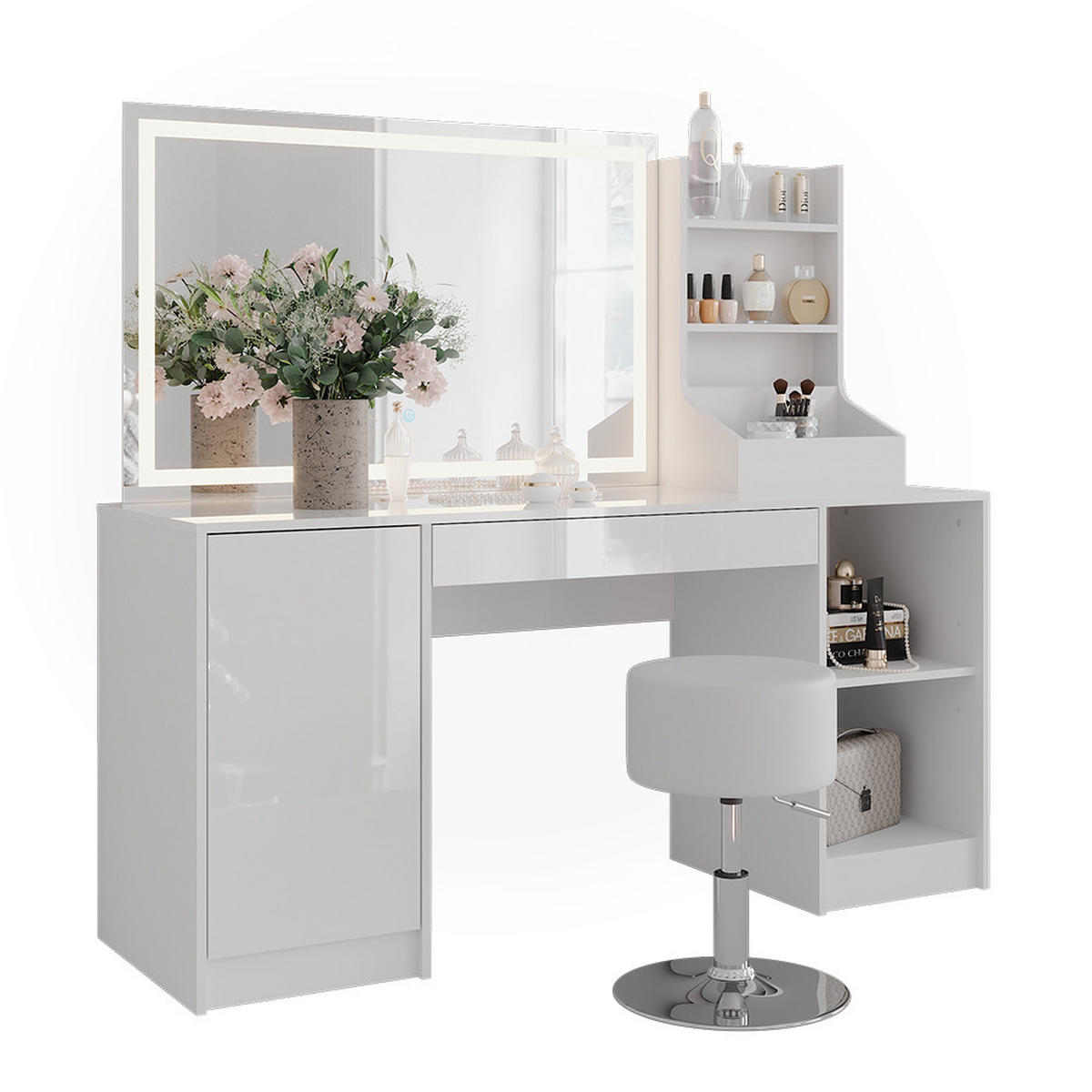 SCHMINKTISCH Sherry Weiß/Weiß Hochglanz 158.2 cm 4 Teile - Weiß Hochglanz, Holzwerkstoff (158.2/76/50.1cm) - Vicco