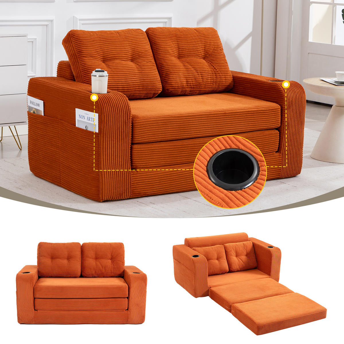 SCHLAFSOFA in Orange Cord mit Getränkehalter und Seitentaschen - Orange, Textil (136/82.5/80cm) - Oxeza