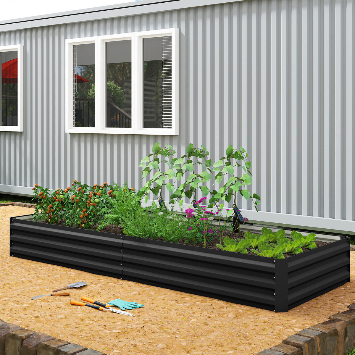 HOCHBEET DE-12301 rechteckig 241/90/30 cm aus Wellblech Schwarz - Schwarz, Metall (241/30/90.5cm) - ComfortXL