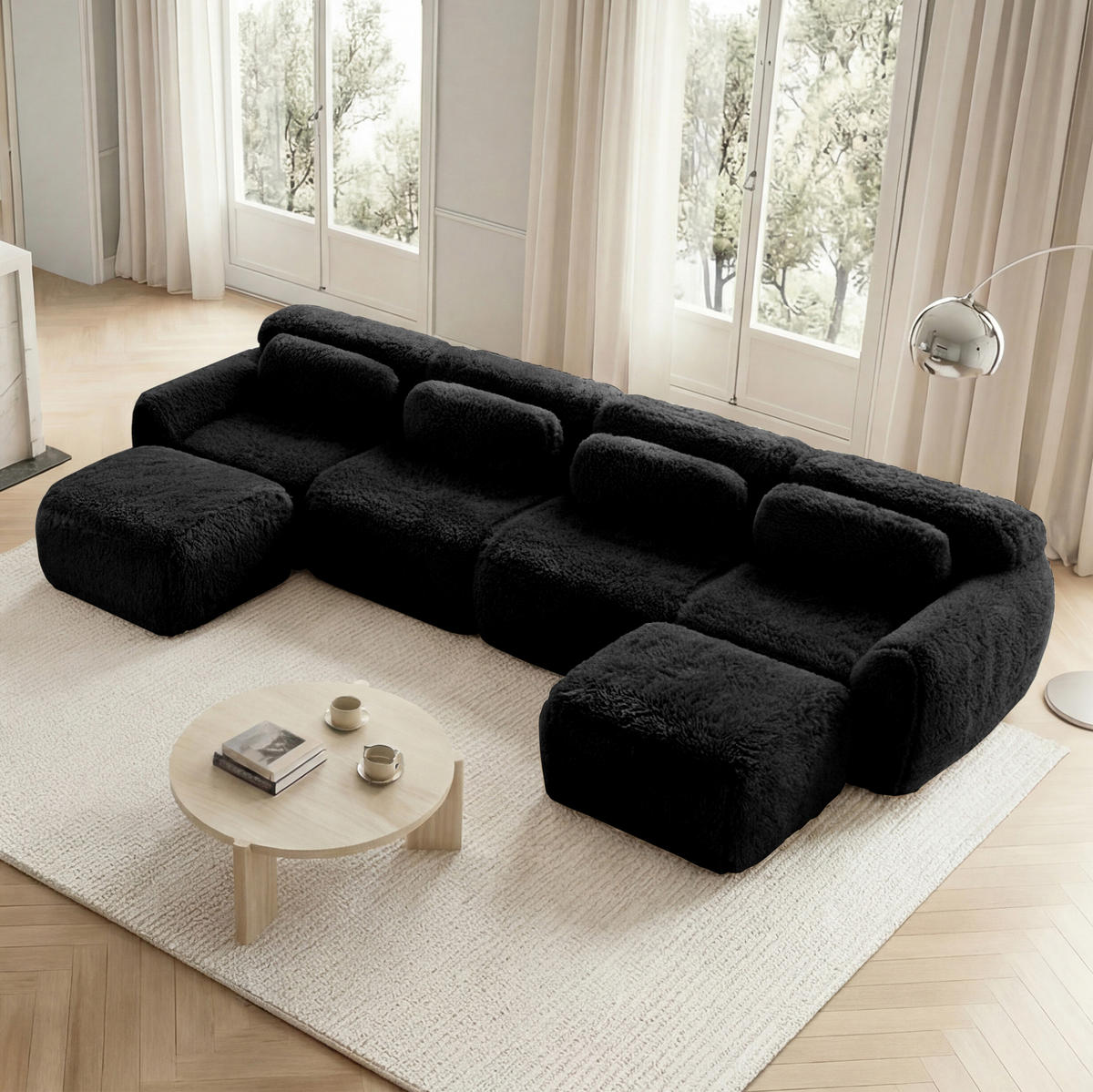 ECKSOFA 378/179/73 cm schwarz aus Plüsch frei kombinierbar ohne Montage - Schwarz, Textil (179/378cm) - OKWISH