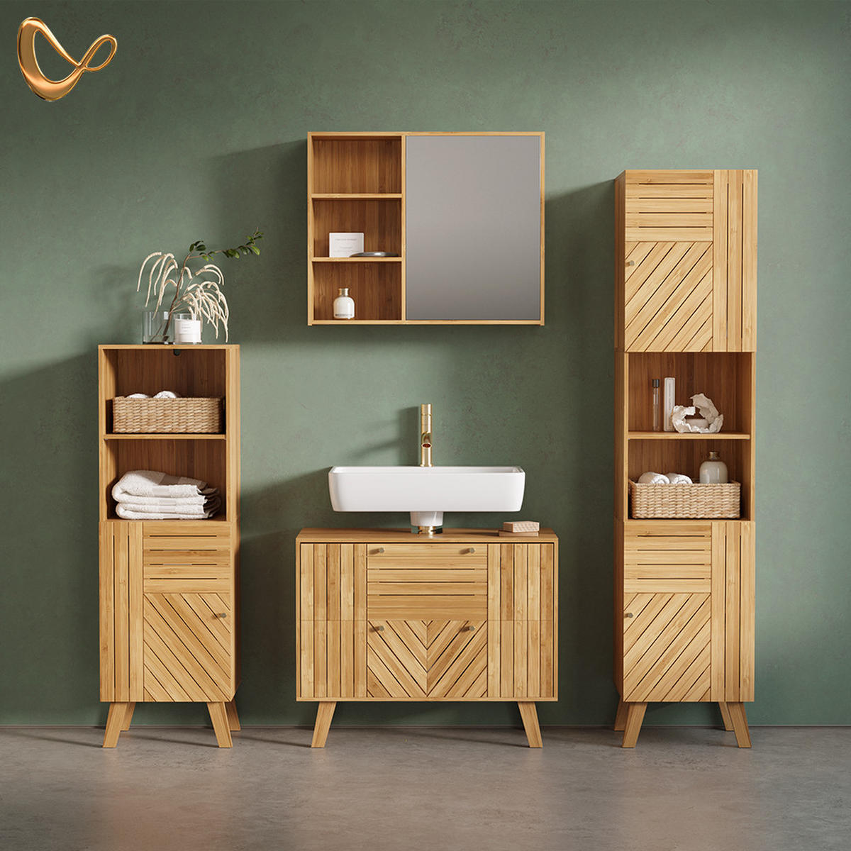 SÚPRAVA KÚPEĽŇOVÉHO NÁBYTKU Olona, Bambus, 4-dielna - prírodná farba, kompozitné drevo (80/65/36cm) - Livinity®