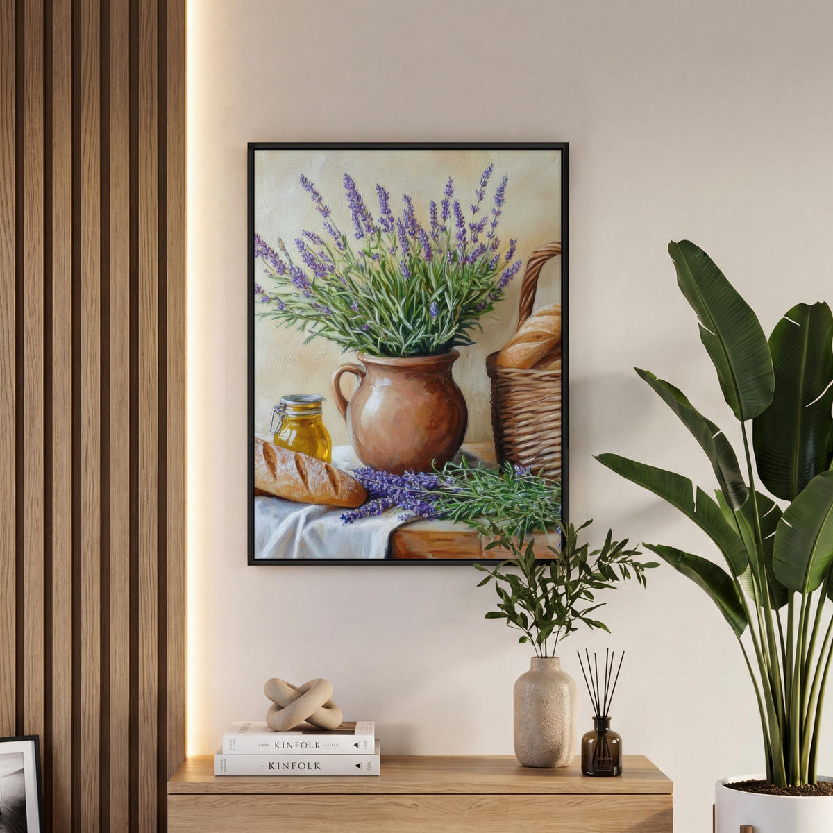 LEINWAND Bilder mit Rahmen - Lavendel - Brot - Stilleben - 60x80 - Flieder, Textil (60/80cm) - MuchoWow
