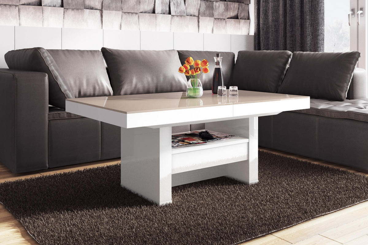 COUCHTISCH rechteckig Cappuccino Weiß Hochglanz Höhenverstellbar ausziehbar 12/75/55 cm - Weiß Hochglanz/Cappuccino, Holzwerkstoff (75/120/55cm)