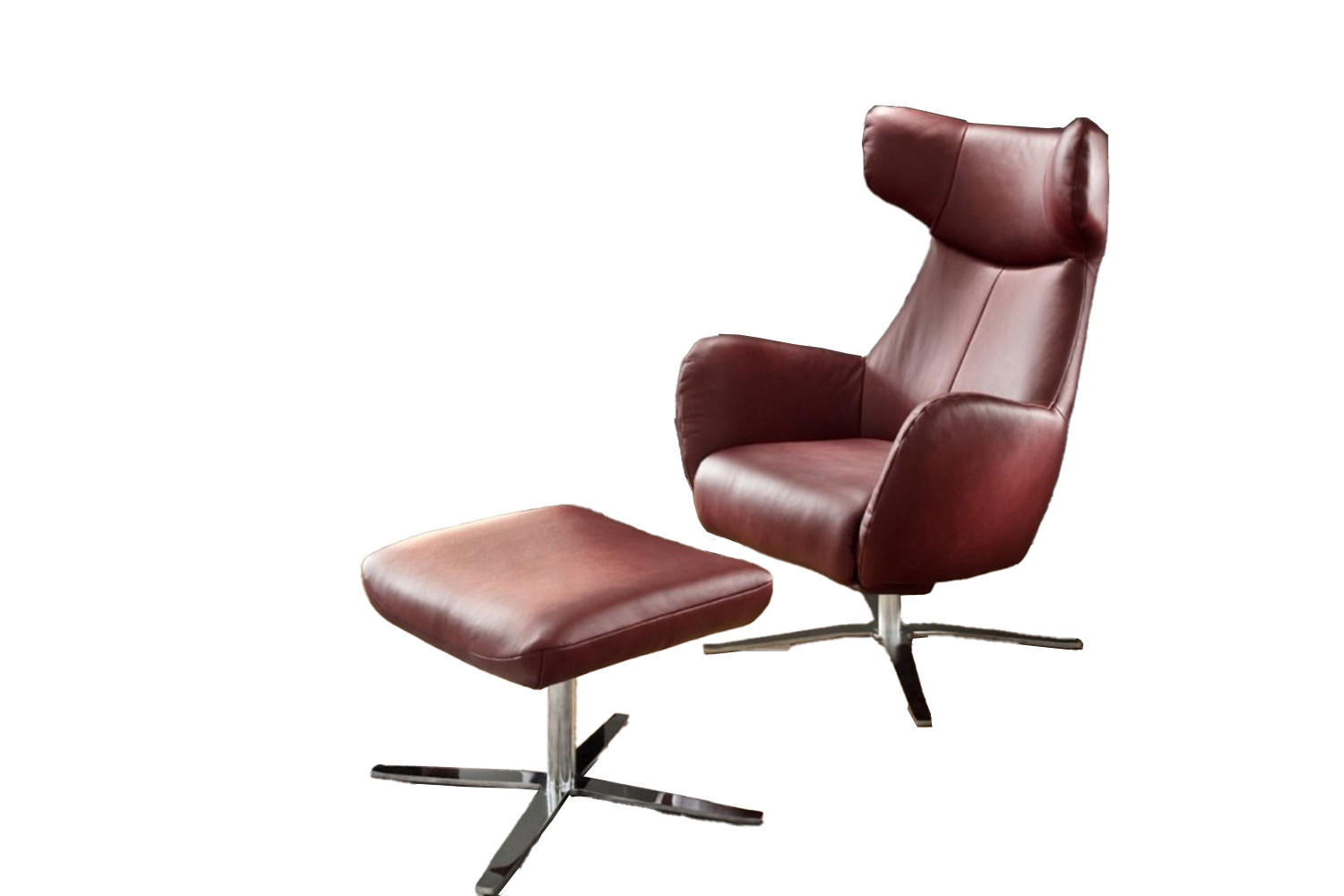 DREHSESSEL INKL. HOCKER RANDY Rot Leder - Silberfarben/Rot, Leder (79/117/96cm) - KAWOLA