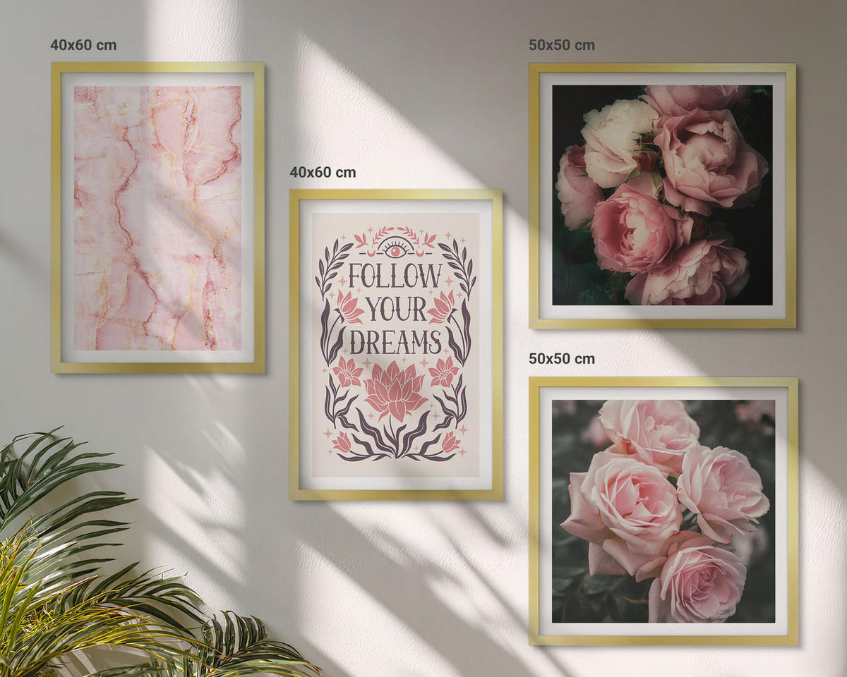 WANDBILDER 4er Set - 50x50 cm & 40x60 cm Goldrahmen - Vintage-Rosen-Marmorträume - Goldfarben, Kunststoff (50/50cm) - ArtPrintCave