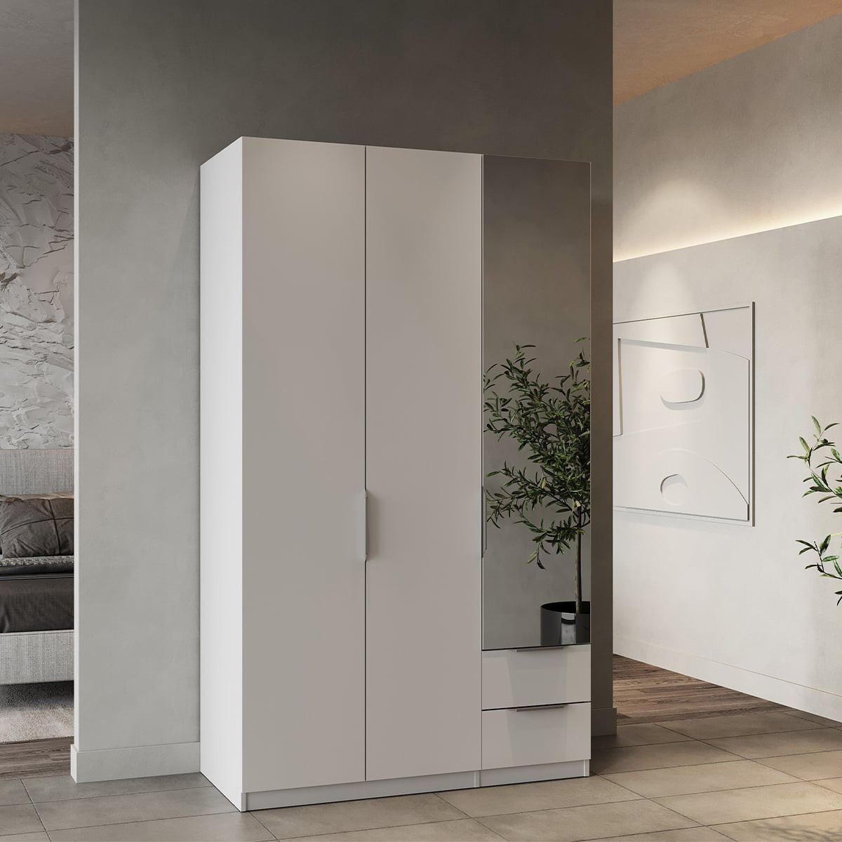 KLEIDERSCHRANK mit 3 Türen, 2 Schubladen und 1 Spiegel Ghost - L119,4 cm - Weiß, Holz (119/203/51cm) - Demeyere