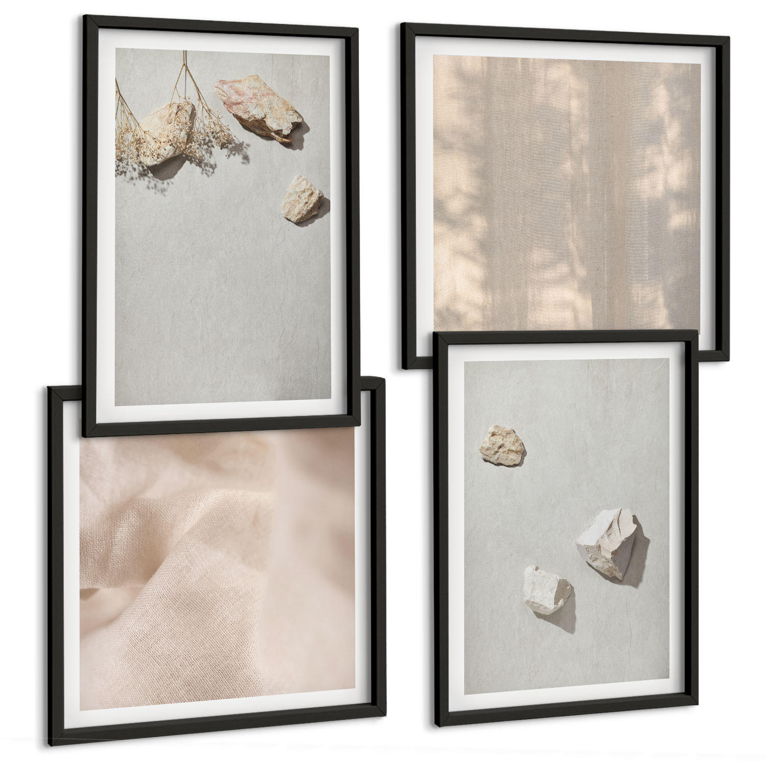 BILDER SET 4er Set - 50x50 cm & 40x60 cm Schwarzer Rahmen - Boho-Stranddekorationen aus Steinen - Schwarz, Kunststoff (50/50cm) - TULUP