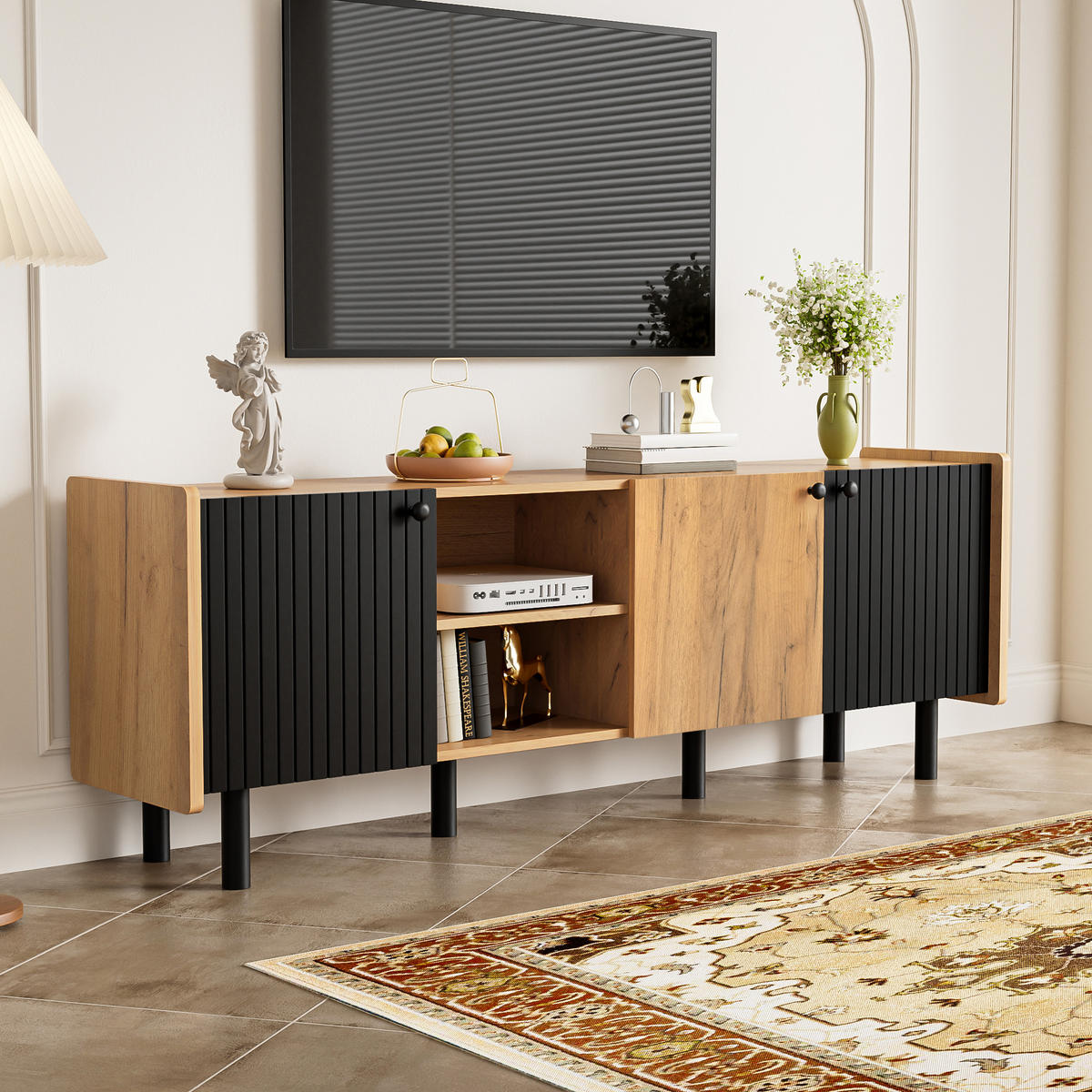 TV SCHRANK mit Drei Türen und Zwei Offenen Fächern - Schwarz/Braun, Holzwerkstoff (38/57/160cm) - Urban Meuble