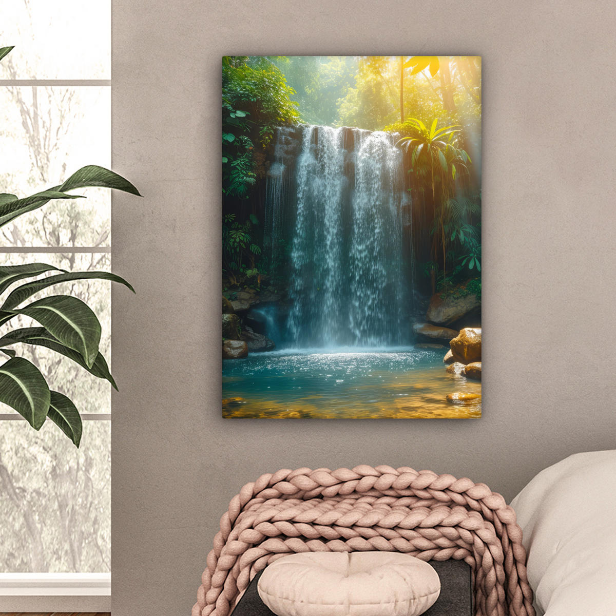 OBRAZ NA PLÁTNĚ Vodopád - Džungle - Slunce - Zelená - Příroda 60x80 cm - zelená barva, textil (60/80cm) - MuchoWow