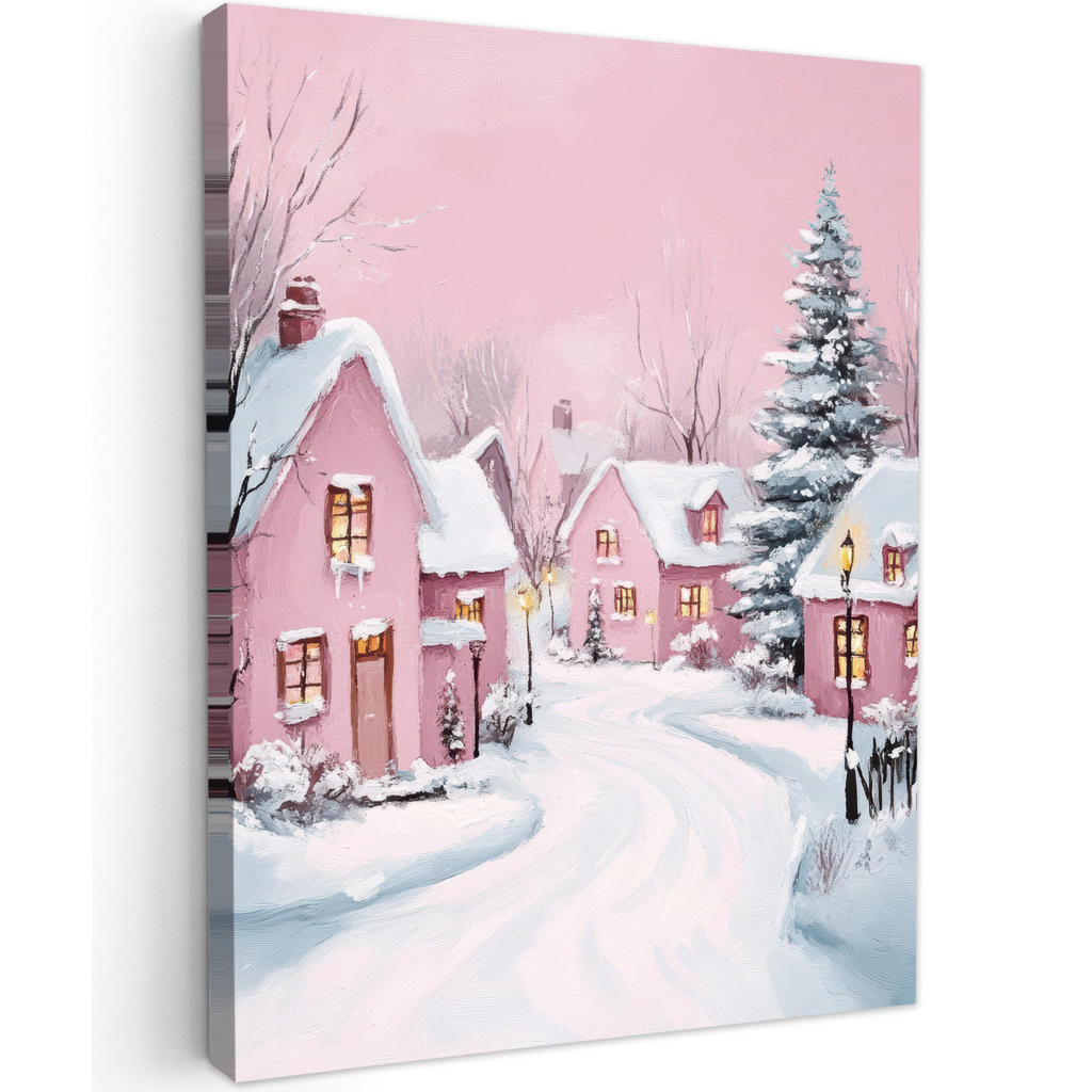 MuchoWow OBRAZ NA PLÁTNĚ Vánoční vesnice - Růžová - Zima - Sníh - Domy 60x80 cm