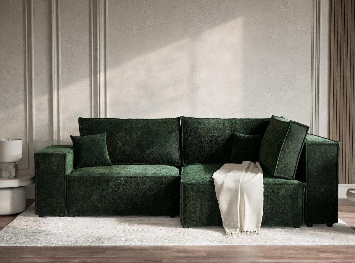 ECKSOFA MIT SCHLAFFUNKTION Tonga Dunkelgrün Chenille-Stoff - Dunkelgrün/Schwarz, Holz/Holzwerkstoff (255/105cm) - Maison de Reve