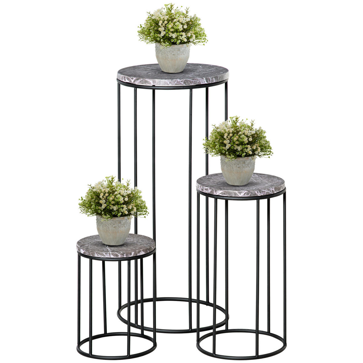 BLUMENSTÄNDER DE-05341 3er-Set, Marmoroptik, stapelbar Schwarz/Grau - Schwarz/Grau, Metall (30.5/30.5/70.5cm) - ComfortXL