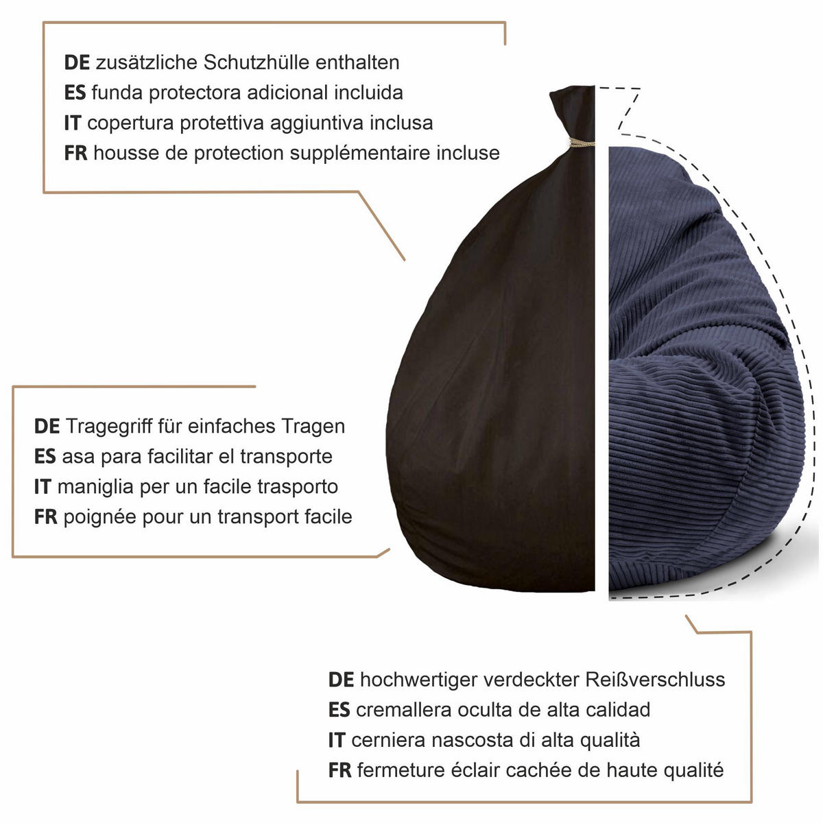 SITZSACK PARADISE MIT FUßSTÜTZE Kordsamt 2-tlg Blueberry Pie M - Dunkelblau, Textil (90/100/90cm) - Dreamroots