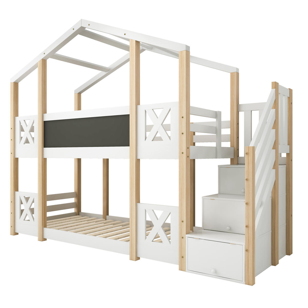 ETAGENBETT aus Holz 90x200 cm in Weiß mit Treppe & Stauraum - Weiß, Holz (90/200cm) - Modfu