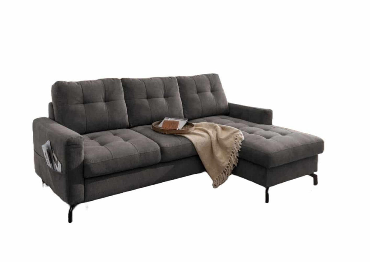 ECKSOFA mit Schlaffunktion und Bettkasten, Luxus-Mikrofaser - Anthrazit/Schwarz, Textil/Metall (150/230cm) - myHomelando