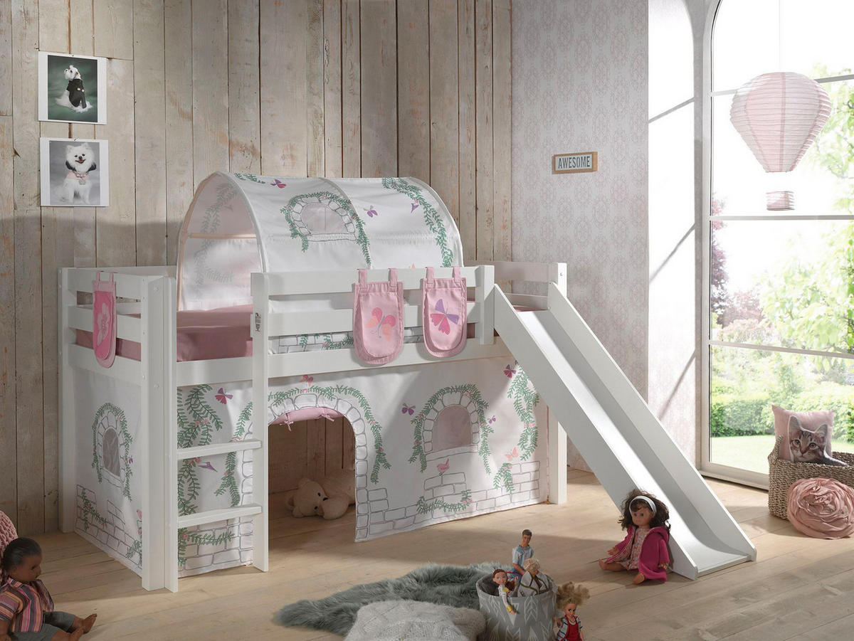 HOCHBETT mit Rutsche Karolina Massivholz Weiß Textilset Burg 4 - Hellgrau/Weiß, Holz (90/200cm) - 58aufmkessel