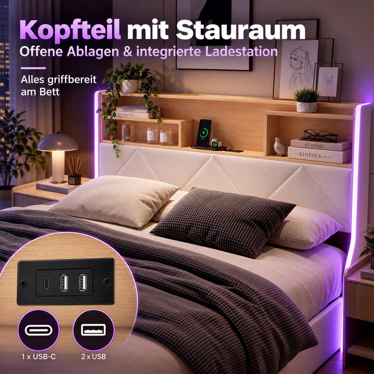 POLSTERBETT 140/200 cm mit Hydraulik-Bettkasten, LED-Ablagekopfteil und USB-Anschluss - Weiß, Holz/Metall (140/200cm) - Joyfair