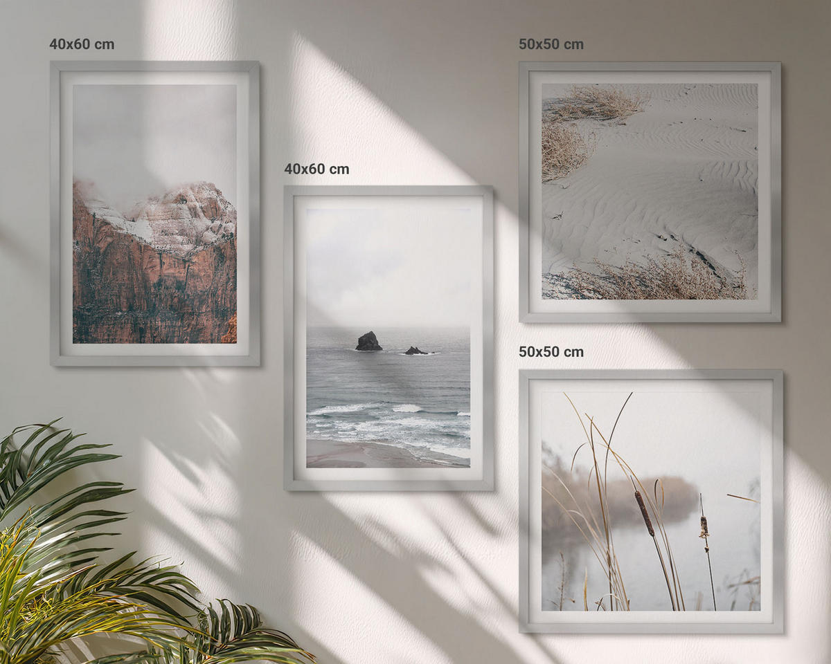 BILDER SET 4er Set - 50x50 cm & 40x60 cm Silberner Rahmen - Abstrakte Wellen, graue Pastellfarben - Silberfarben, Kunststoff (50/50cm) - TULUP