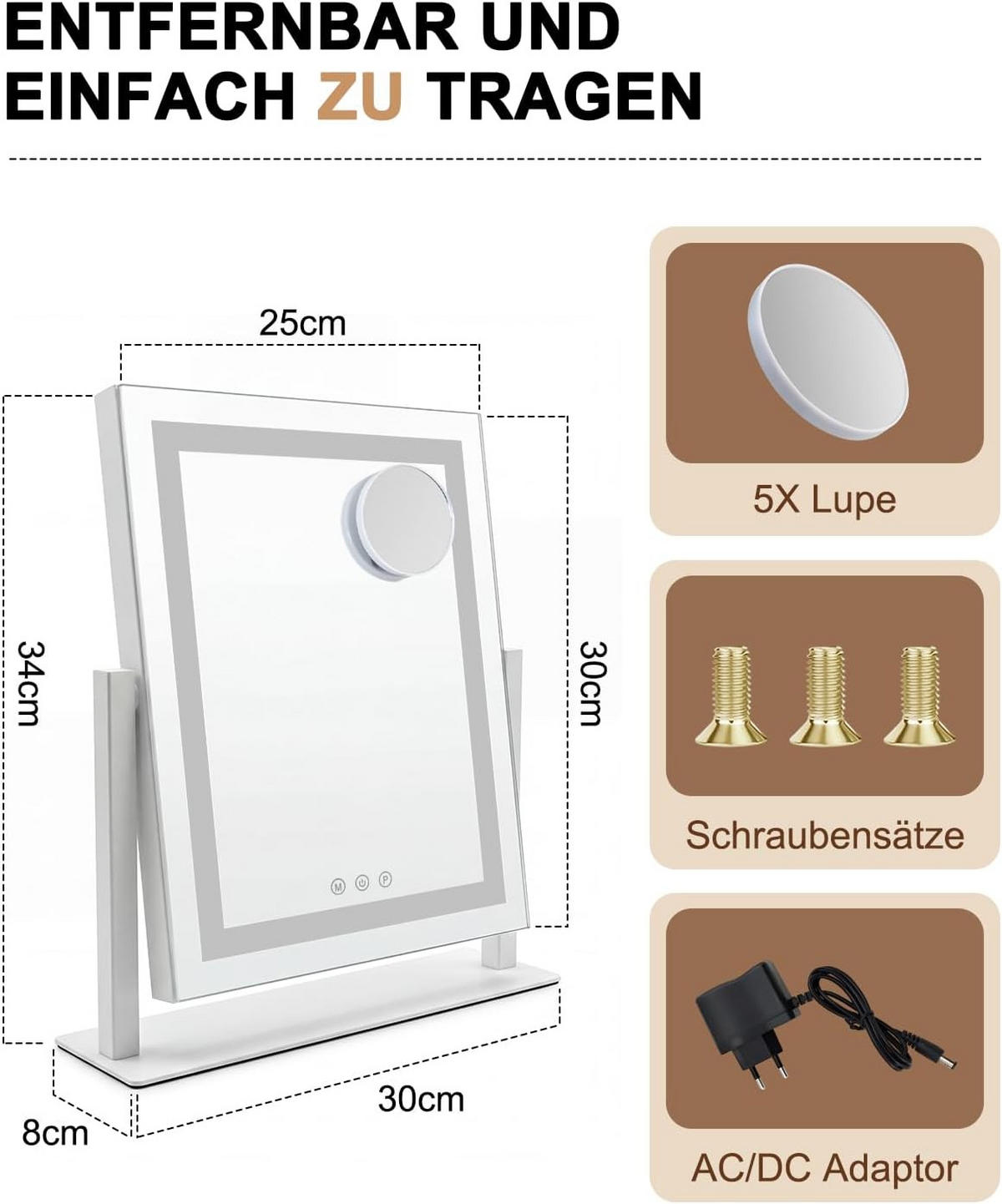 LED Schminkspiegel 8/30/34cm - Weiß, Glas (8/34/30cm) - Nettlife