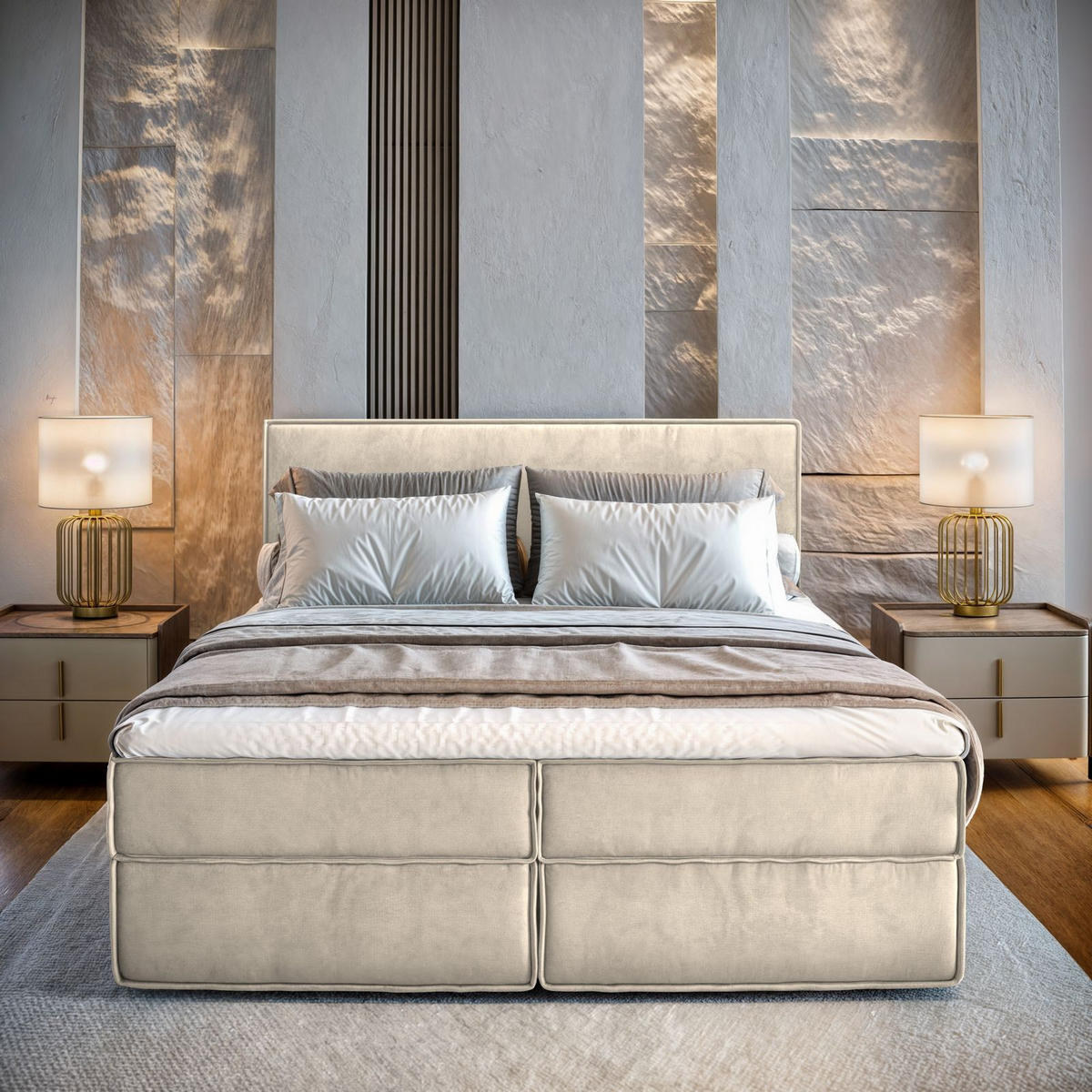 BOXBETT PELLIO 140x200 cm mit Matratze und Topper - Creme - Creme, Holz (140/200cm) - MASSENO