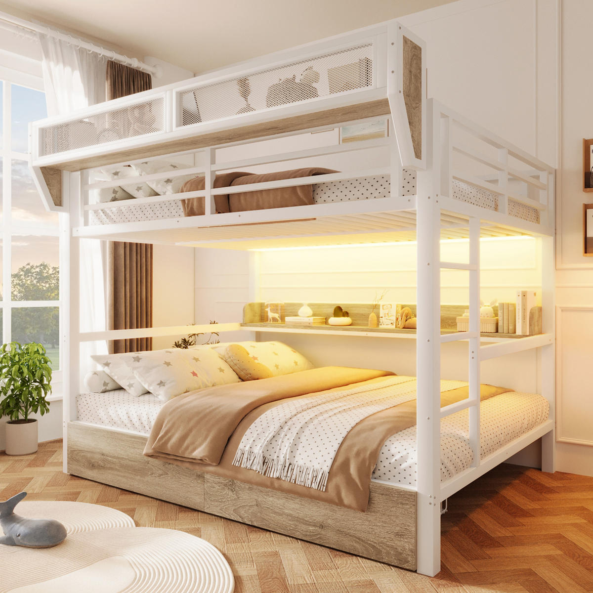 ETAGENBETT 140/200 cm in Weiß mit Ablagebord, Aufbewahrungskorb, Schubladen und LED - Weiß, Holzwerkstoff/Metall (140/200cm) - WISHDOR