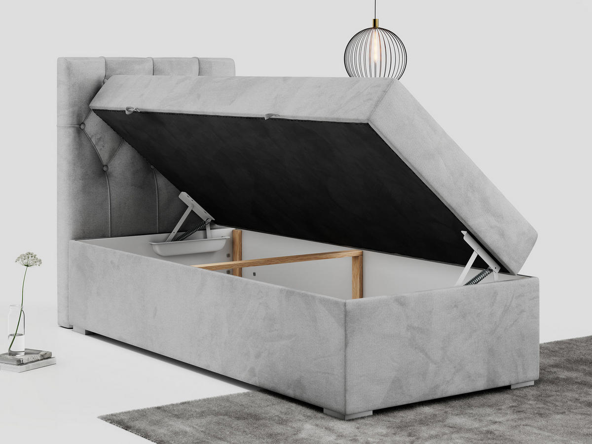 BOXBETT ALDA 90/200 Hellgrau Velvet - H4 - Links Seite - Hellgrau, Holz/Textil (90/200cm) - MKS