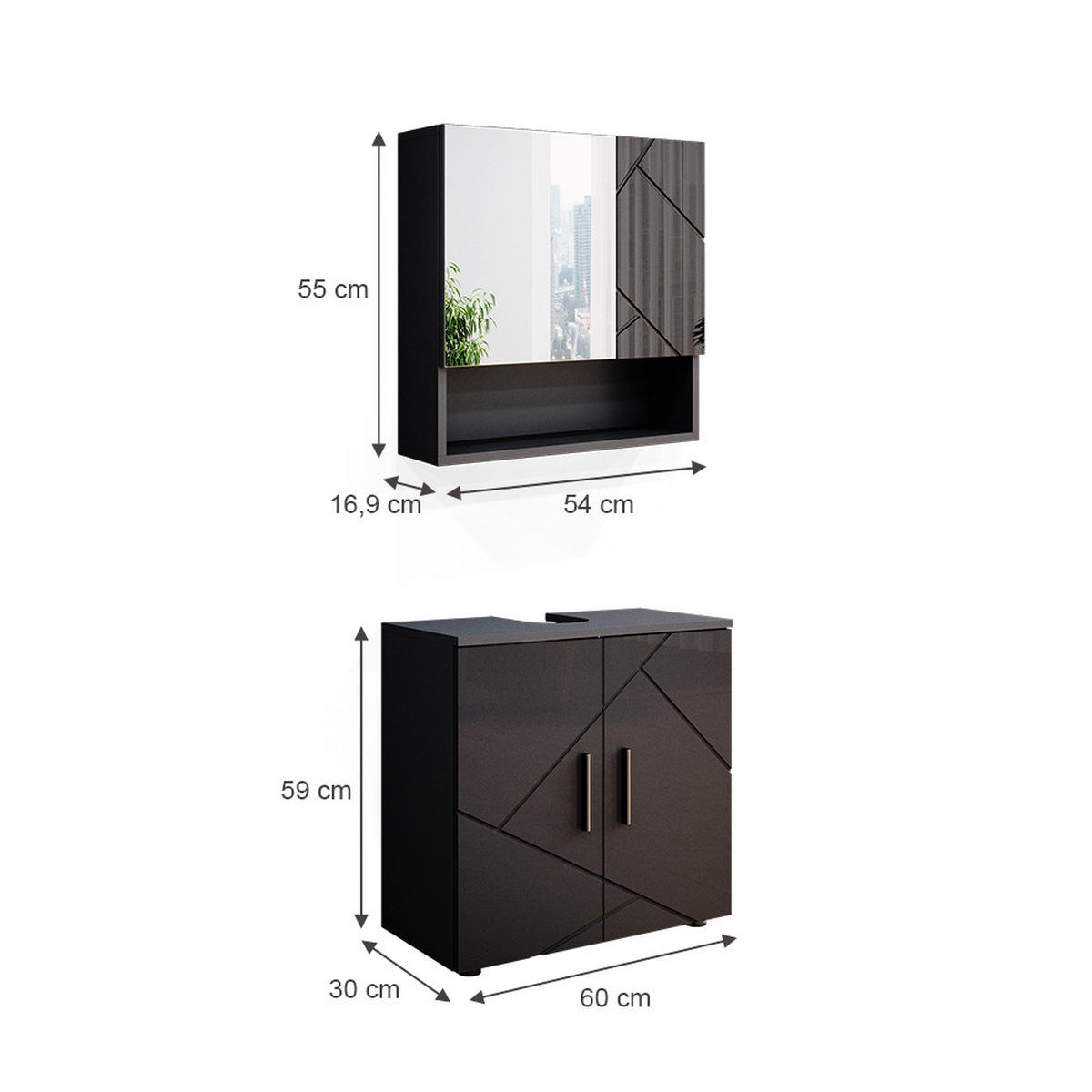 BADMÖBEL-SET Irma Anthrazit Hochglanz 2 Teile, Unterschrank 60 cm - Anthrazit, Holzwerkstoff (80/58.6/41cm) - Vicco