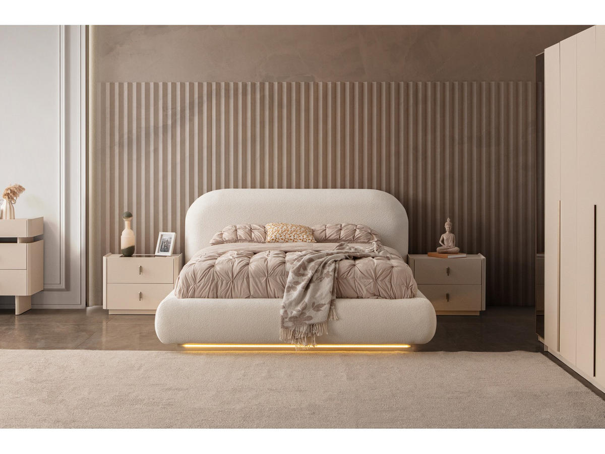 BETTANLAGE ALASKA Schlafzimmer-Set, 5-teilig, Creme, Bett mit Kopfteil, 2 Nachttische, Kleiderschrank und Kommode - Creme, Holzwerkstoff (160/200cm)