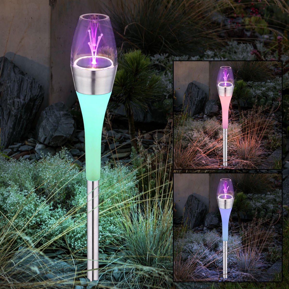 LED AUSSENLEUCHTE Solar Edelstahl Silber 3er Set - Silberfarben, Metall (6.7/6.7/55cm) - Globo Lighting
