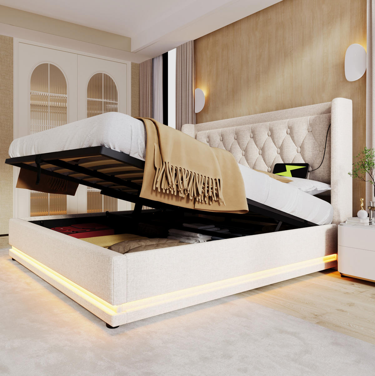POLSTERBETT mit Bettkasten 180/200 cm in Beige mit LED und USB-C - Beige, Textil (180/200cm) - BEAOK