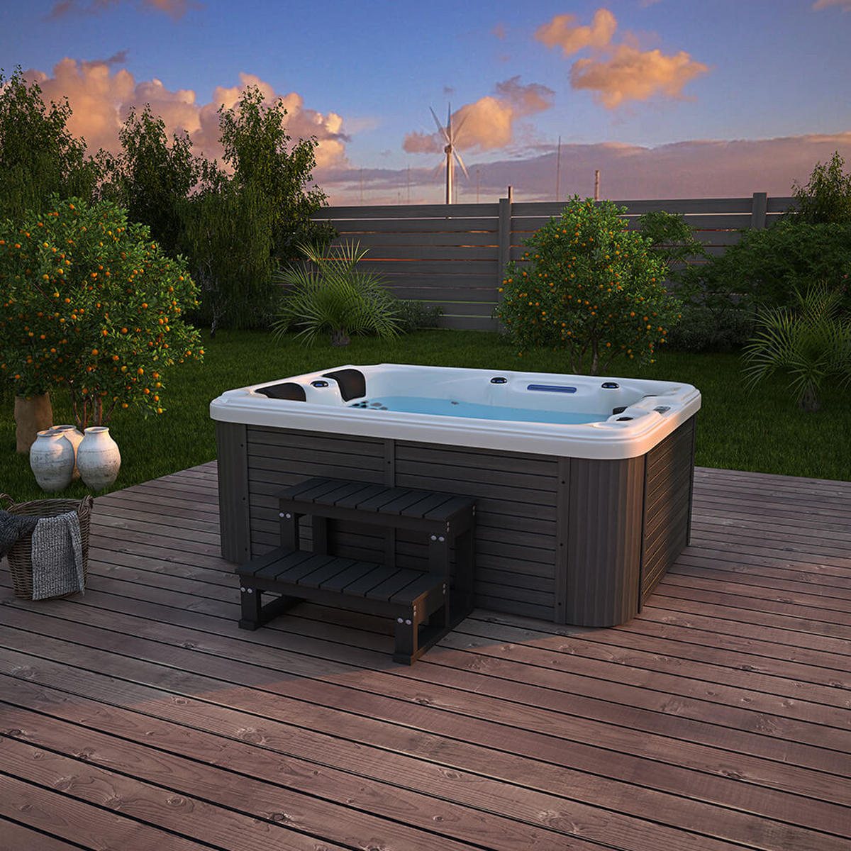 OUTDOOR WHIRLPOOL BEACH - Ausstattung: Mit Treppe und Thermoabdeckung - Anthrazit, Kunststoff (210/83/155cm) - Home Deluxe