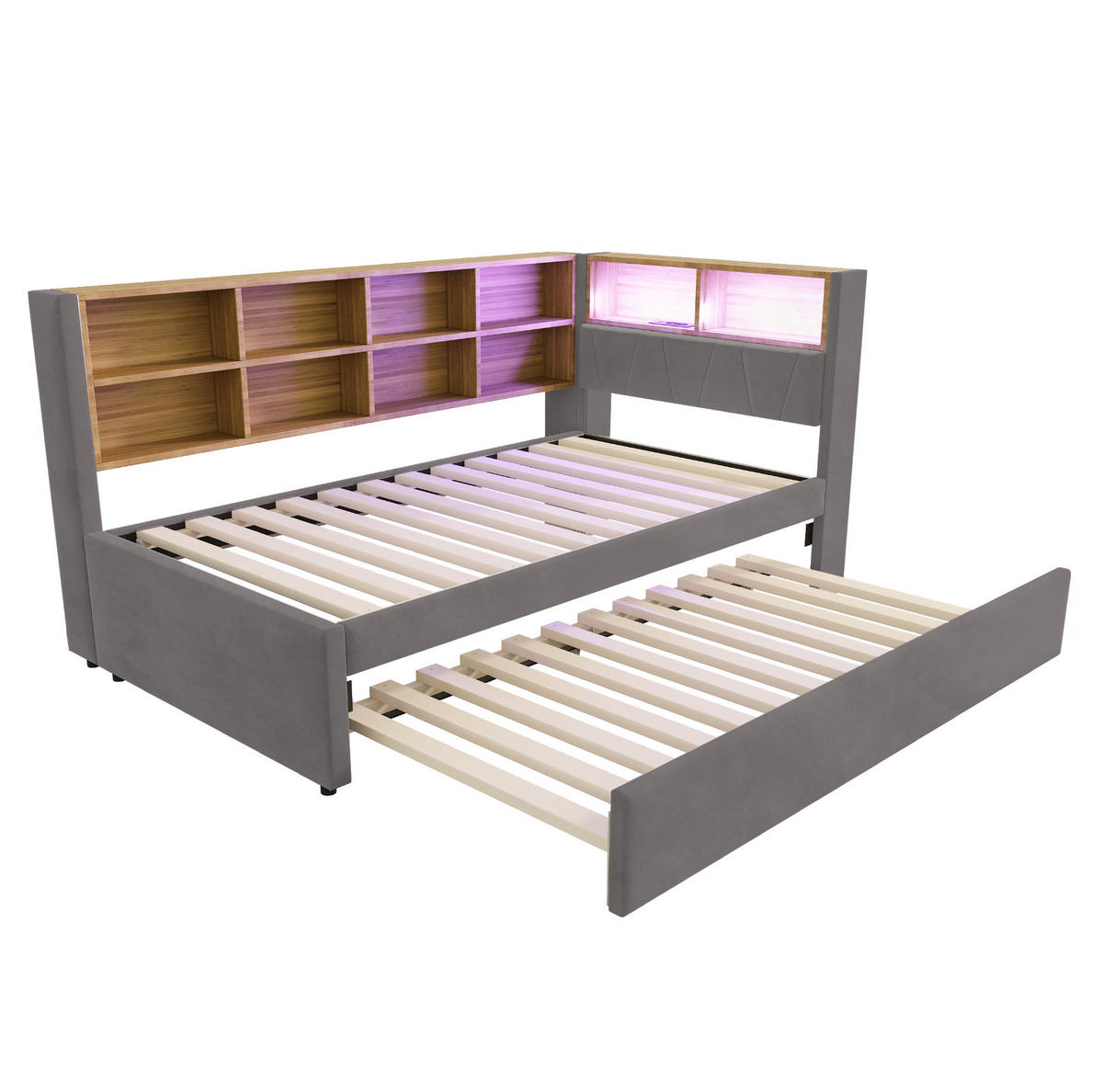 POLSTERBETT aus Flanell 90x200 cm Dunkelgrau mit Ausziehbett, LED, USB-/Type-C-Anschluss, Steckdose und Stauraum - Dunkelgrau, Textil (90/200cm) - Modfu