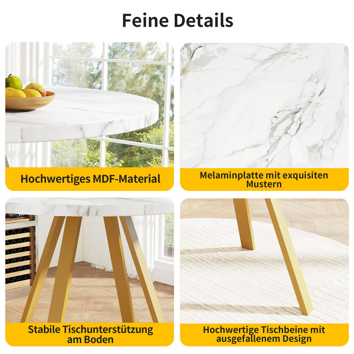 ESSTISCH 80/80/75 cm Weiß Gold runder Tisch aus MDF mit Metallbeinen - Weiß, Holzwerkstoff (80/80/75cm) - OKWISH