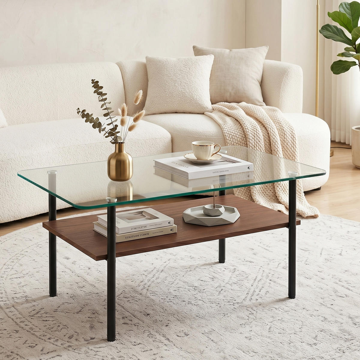 COUCHTISCH DE-37418 rechteckig mit Glasplatte und MDF-Ablage Braun - Schwarz/Braun, Metall (97.7/57.7/45cm) - ComfortXL