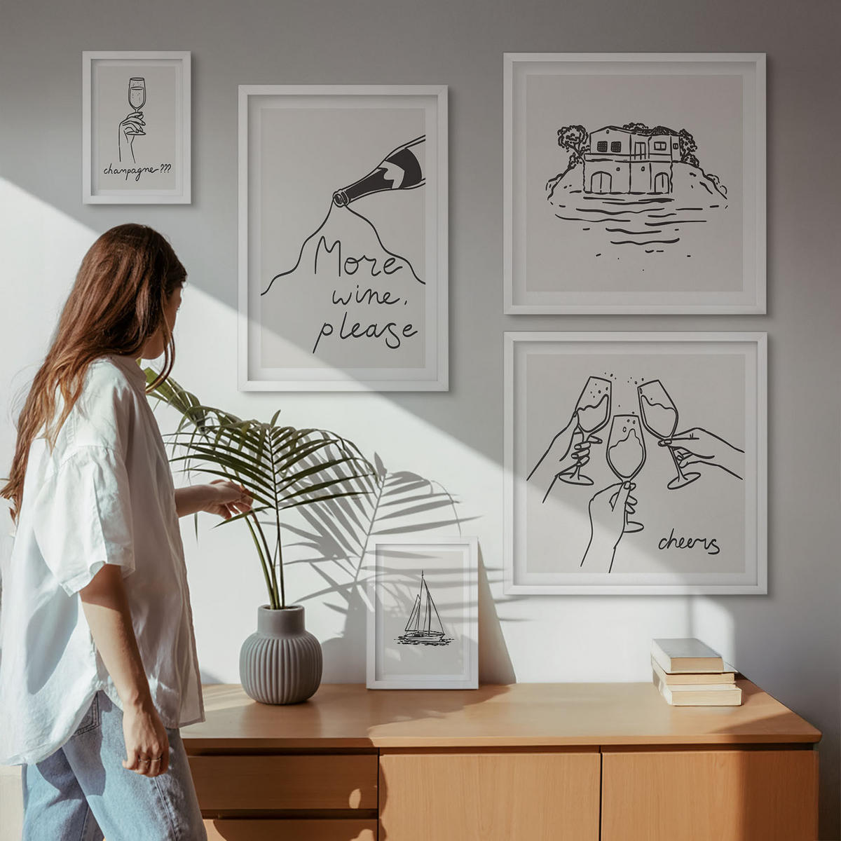 BILDER SET 5er Set - 50x50 cm & 20x30 cm & 40x60 cm Weißer Rahmen - Minimalistische Boho-Muster - Weiß, Kunststoff (40/60cm) - TULUP