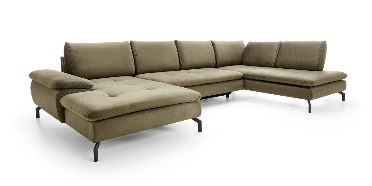 WOHNLANDSCHAFT VOLO Grün Plüsch-Stoff mit Schlaffunktion - Grün, Holz (347/82/205cm) - MASSENO