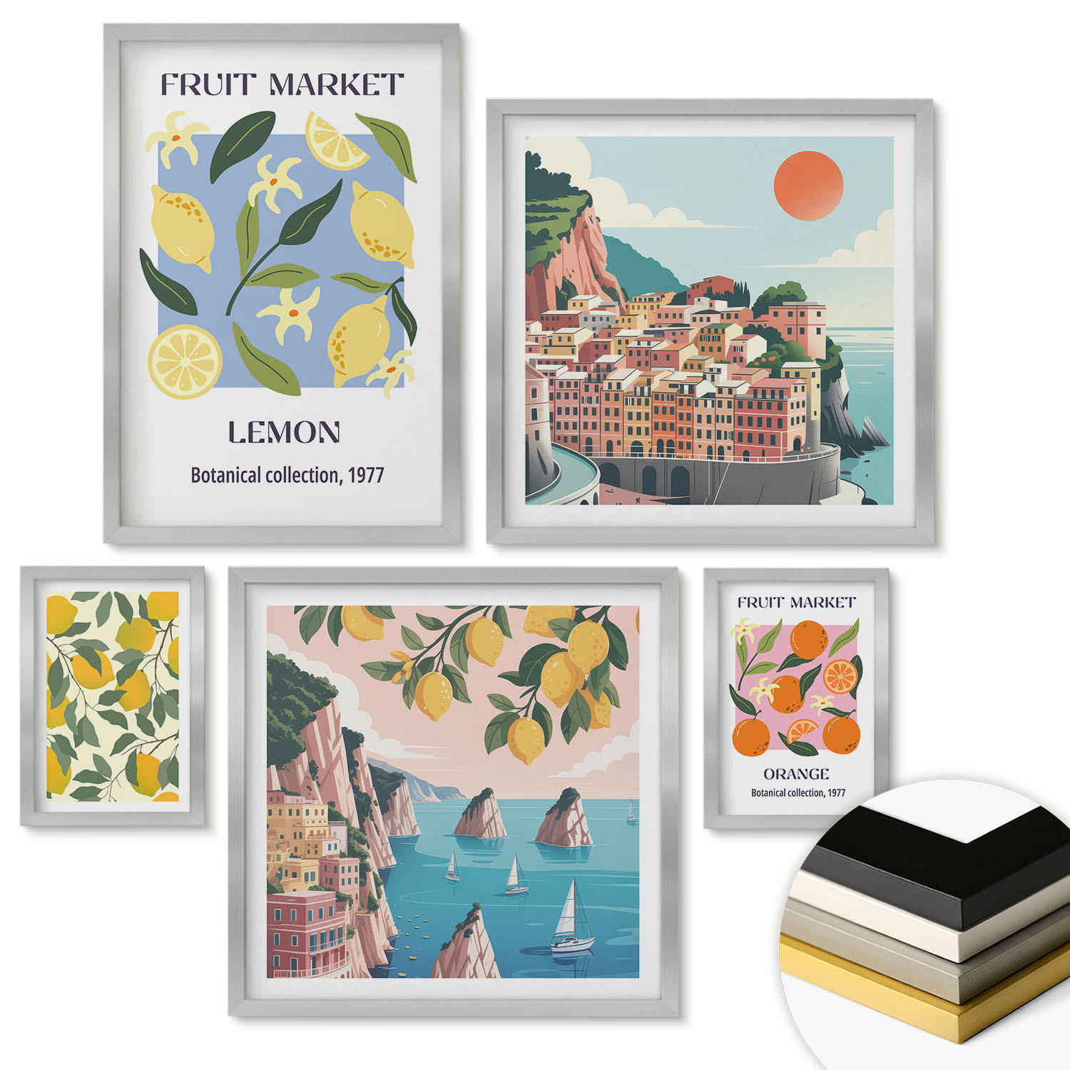 WANDBILDER 5er Set - 50x50 cm & 20x30 cm & 40x60 cm Silberner Rahmen - Italienische Zitronenurlaube Capri - Silberfarben, Kunststoff (40/60cm) - ArtPrintCave
