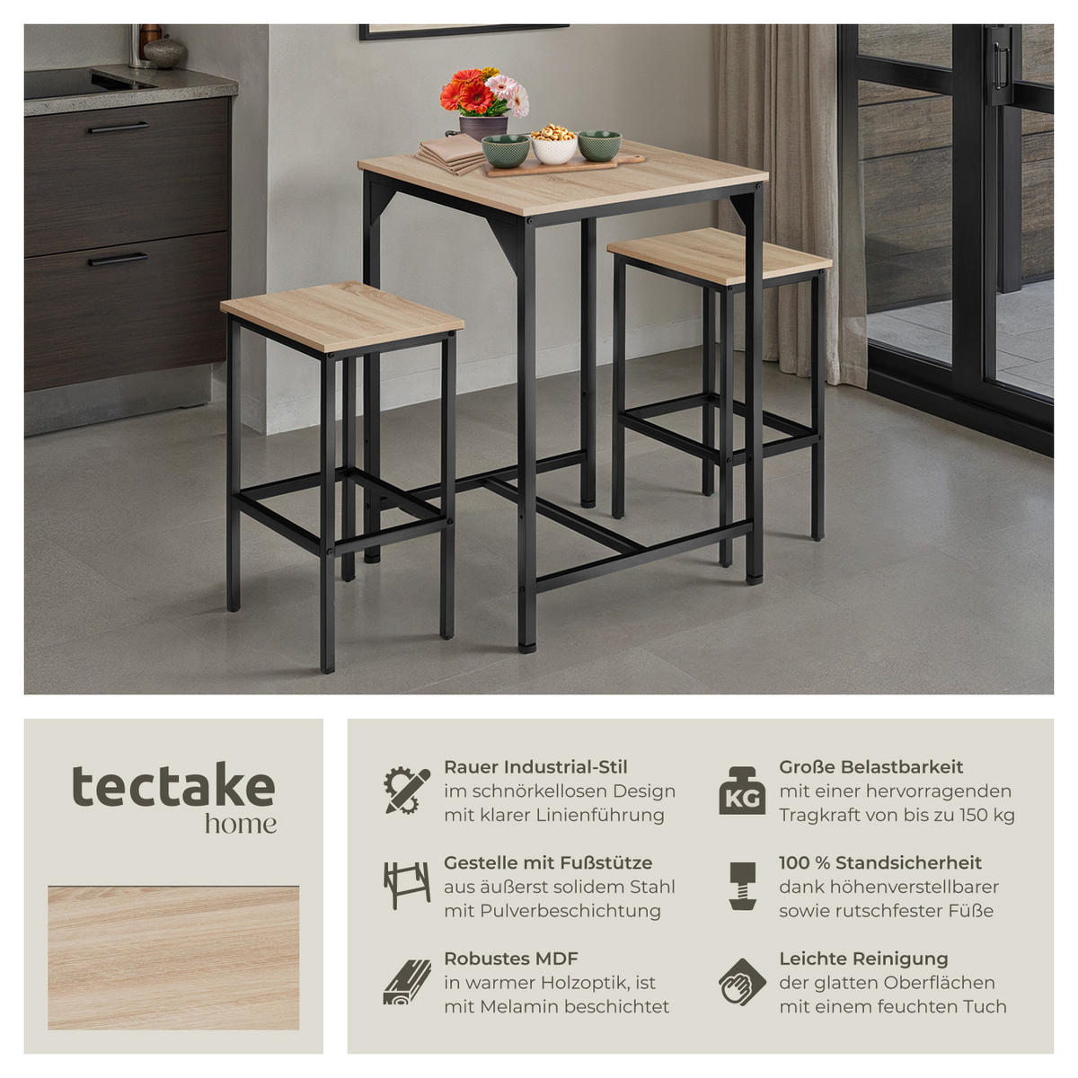 BARSET Inverness,mit höhenverstellbaren Kunststofffüßen,Industrial Holz hell, Eiche Sonoma - Naturfarben, Holzwerkstoff (60/91/120cm) - tectake
