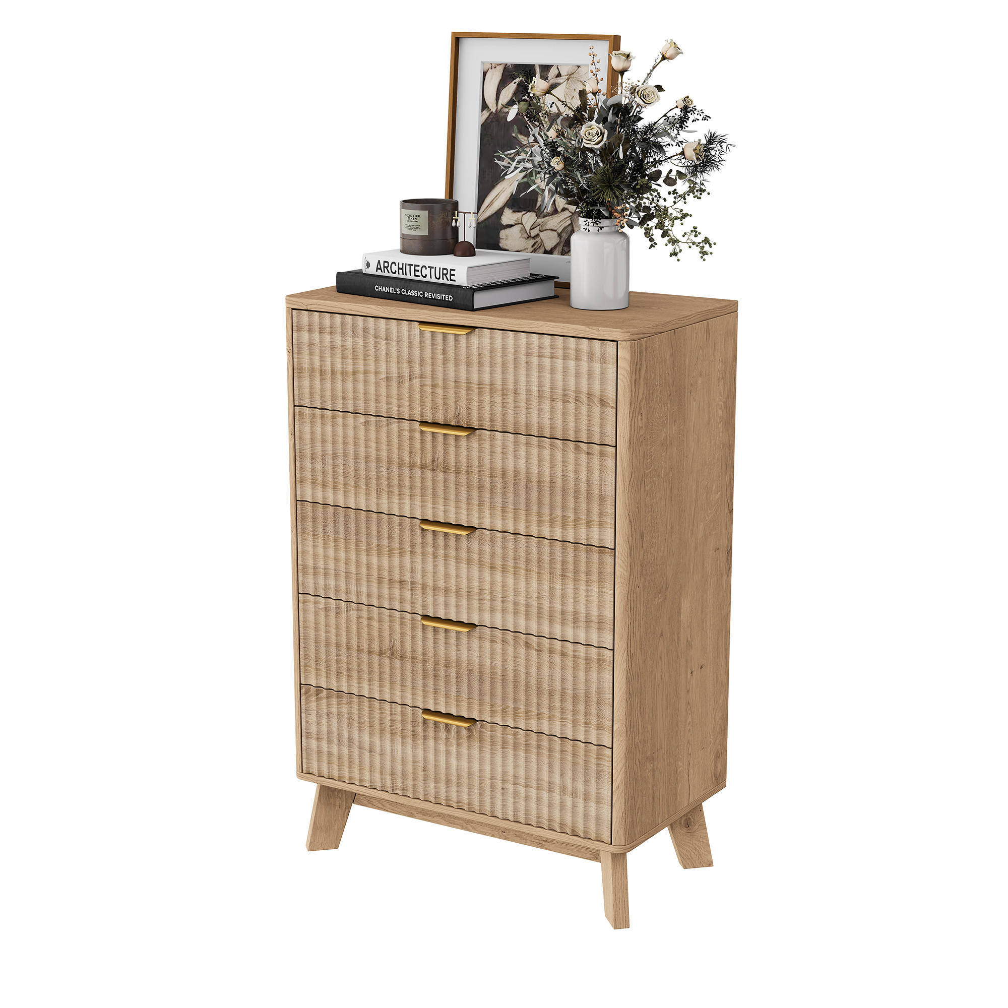 BYR&Aring; med 5 l&aring;dor, tr&auml;look, r&auml;fflad struktur, guldf&auml;rgade handtag Multicolor 108/40/73 cm