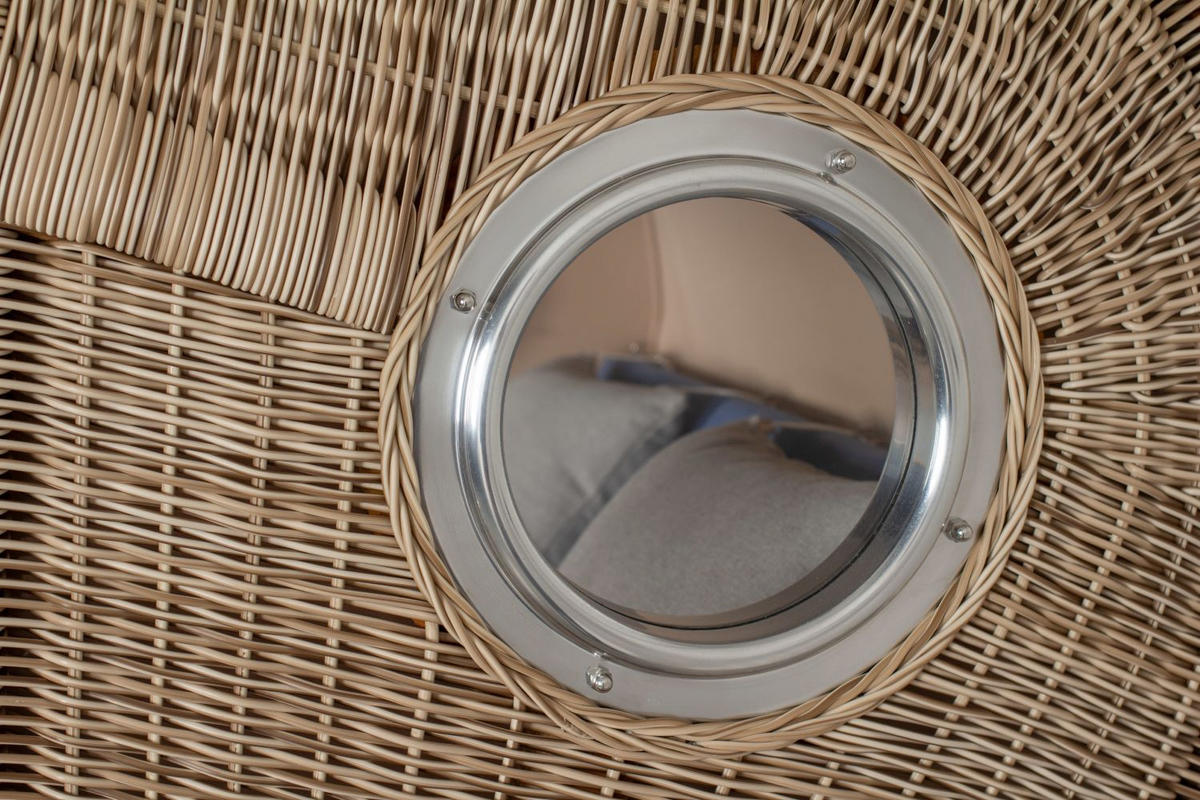 STRANDKORB Komplettset: Ammersee Grande XL Teak Bullauge - PE shell - Modell 595 - Blau/Grau, Holz/Kunststoff (142/165/95cm) - bene living