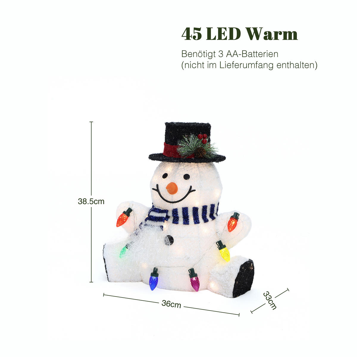 LED-SCHNEEMANN Deko, warmweiß & IP44 | 45 LEDs, 38,5 cm - Weiß, Textil (36/38.5/33cm) - Hometopia