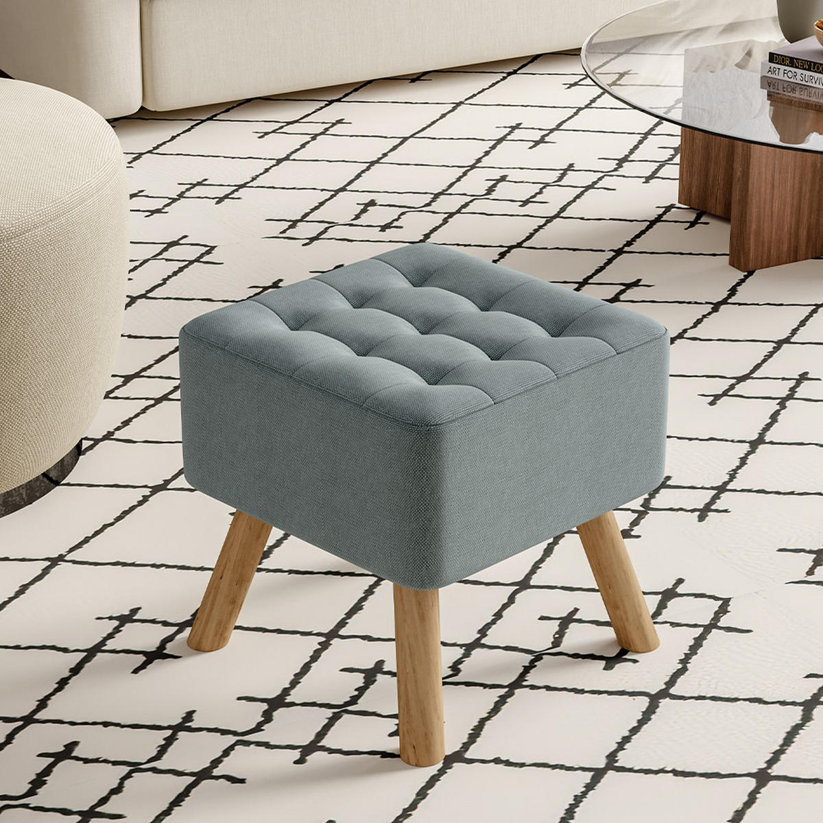 POLSTERHOCKER 39.5/39.5/40 cm Quadratisch Eichenholzbeine Leinen Hellgrau - Hellgrau/Naturfarben, Eichenholz/Holz (39.5/40/39.5cm) - Livingandhome