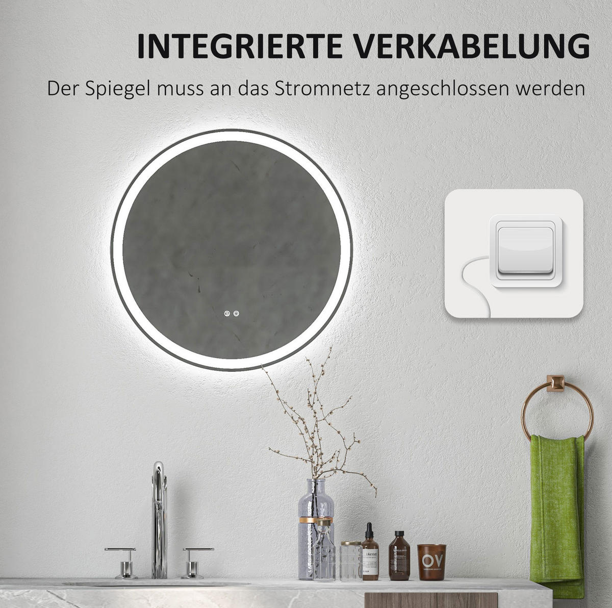 WANDSPIEGEL Runder 60/3/60 cm weiß aus Aluminium mit LED-Touch, Memory und Antibeschlag - Weiß, Metall (3/60/60cm) - OKWISH
