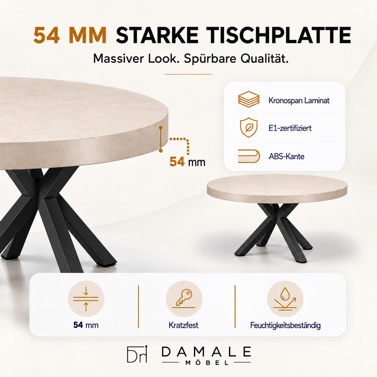 ESSTISCH rund ausziehbar 110-210/76 cm, Kaschmir, 54 cm Tischplatte + X Metallbeine Schwarz - Kaschmir/Schwarz, Holzwerkstoff/Metall (110/210/76cm) - Damale Möbel