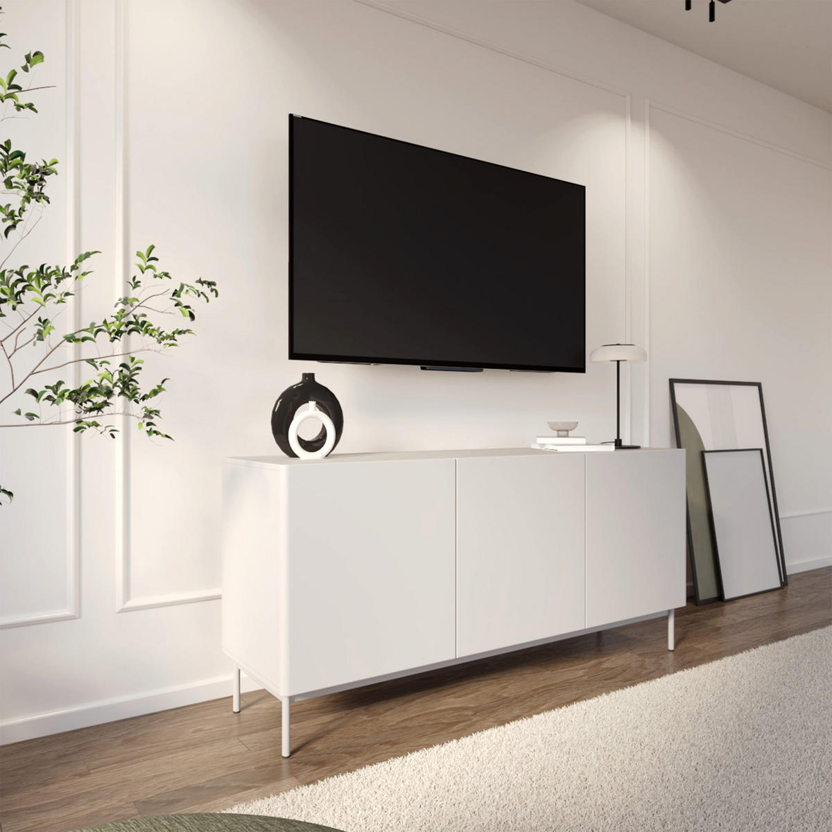 TV-STOLEK Olio vysoký 3-dveřový bílý 160 cm - bílá, kov/kompozitní dřevo (160/72/38.6cm) - Selsey