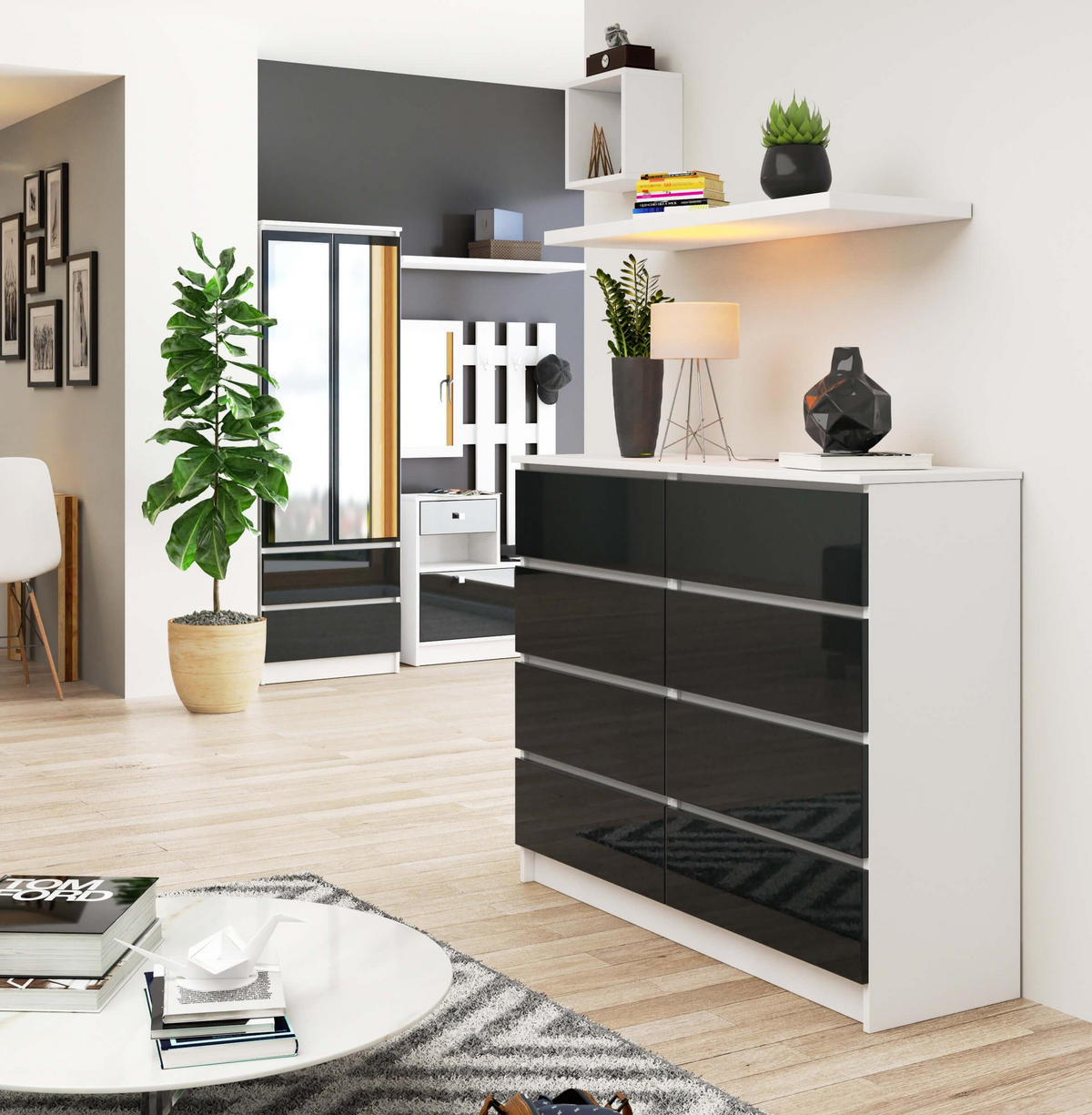 KOMMODE Weiß, Graphit Glanz 99/120/40 - Weiß, Holzwerkstoff (120/99/40cm) - RAUMHIRSCH FURNITURE