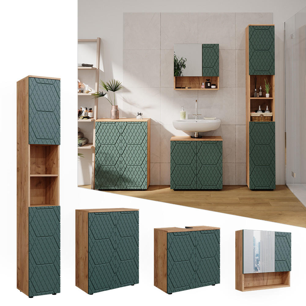 BADMÖBEL-SET Irma Grün 4 Teile, mit Hochschrank und Kommode - Eiche Wotan/Grün, Holzwerkstoff (80/58.6/41cm) - Vicco