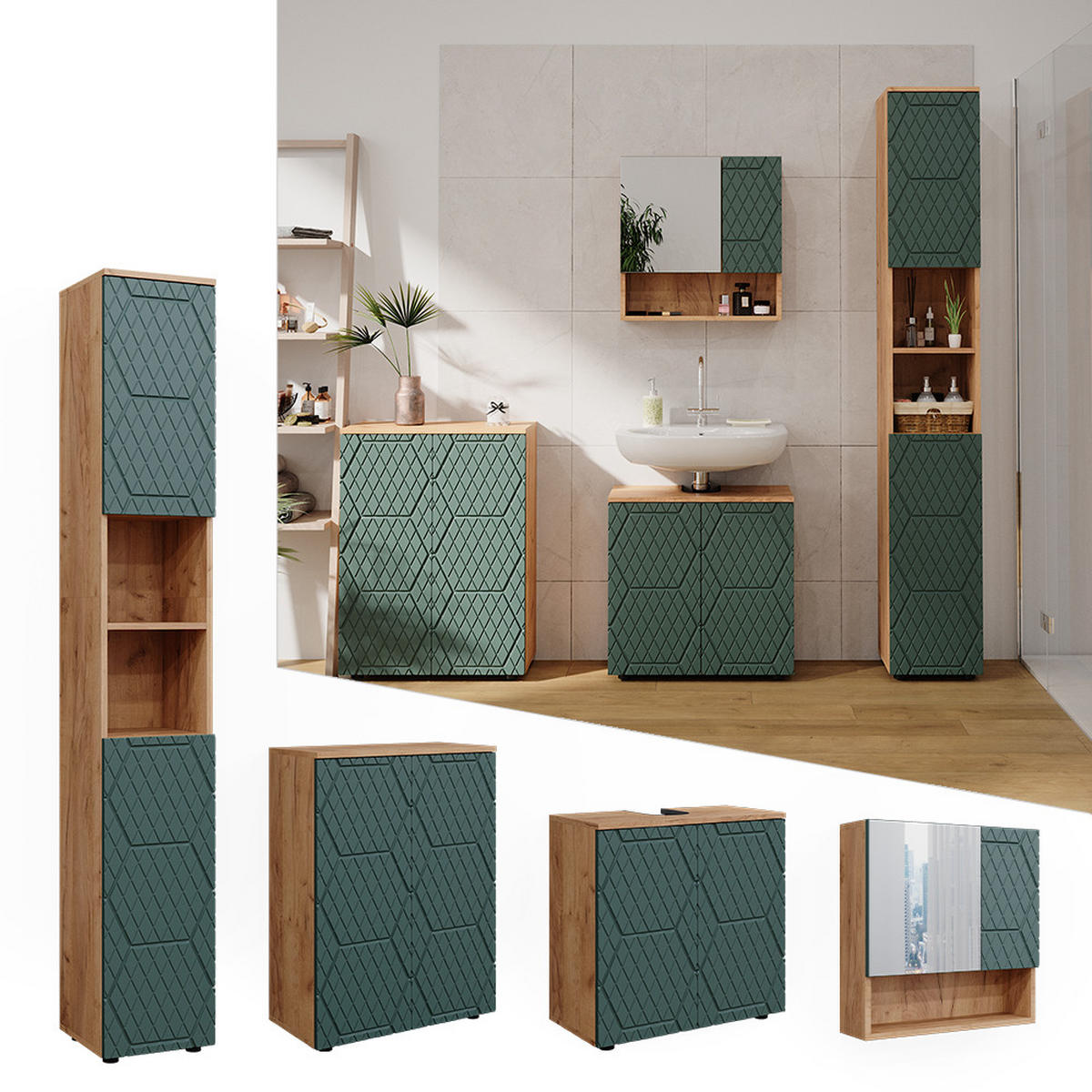 BADMÖBEL-SET Irma Grün 4 Teile, mit Hochschrank und Kommode - Eiche Wotan/Grün, Holzwerkstoff (80/58.6/41cm) - Vicco